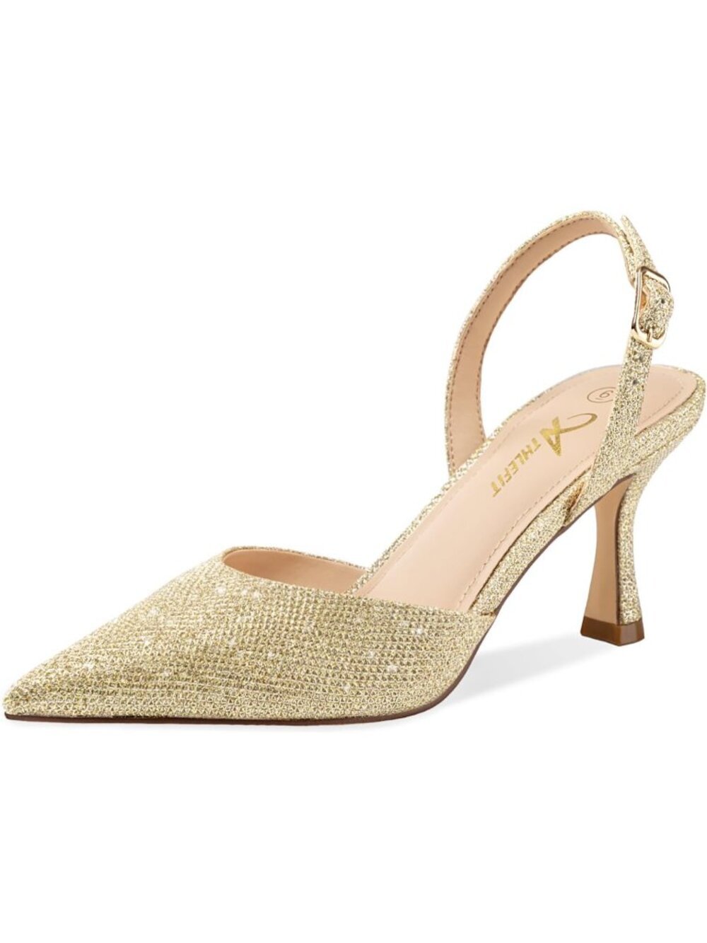 Women's Gold Closed Pointed Toe Kitten Heels Slingback Stiletto Pump Shoes